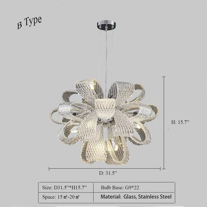 D31.5"*H15.7" CRYSTAL LUXURY GOLDEN RIBBON CHANDELIER,Modern Round Glass Chandelier,chandeleir,chandeliers,glass,stainless steel,flower,flower bouquet,pendant,long table,dining table,dining bar,big table,kitchn island