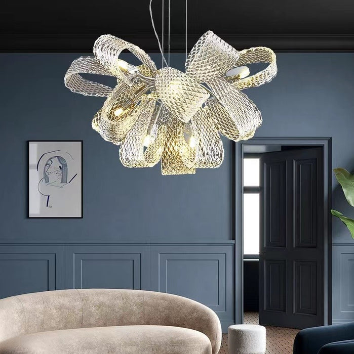 CRYSTAL LUXURY GOLDEN RIBBON CHANDELIER,Modern Round Glass Chandelier,chandeleir,chandeliers,glass,stainless steel,flower,flower bouquet,pendant,long table,dining table,dining bar,big table,kitchn island