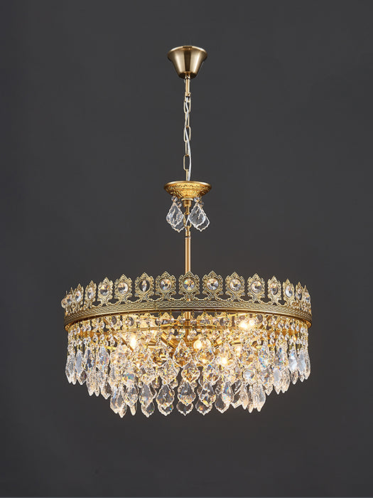 French Light Luxury Tiered Gold Crown Raindrop Crystal Pendant Chandelier for Living/Dining Room