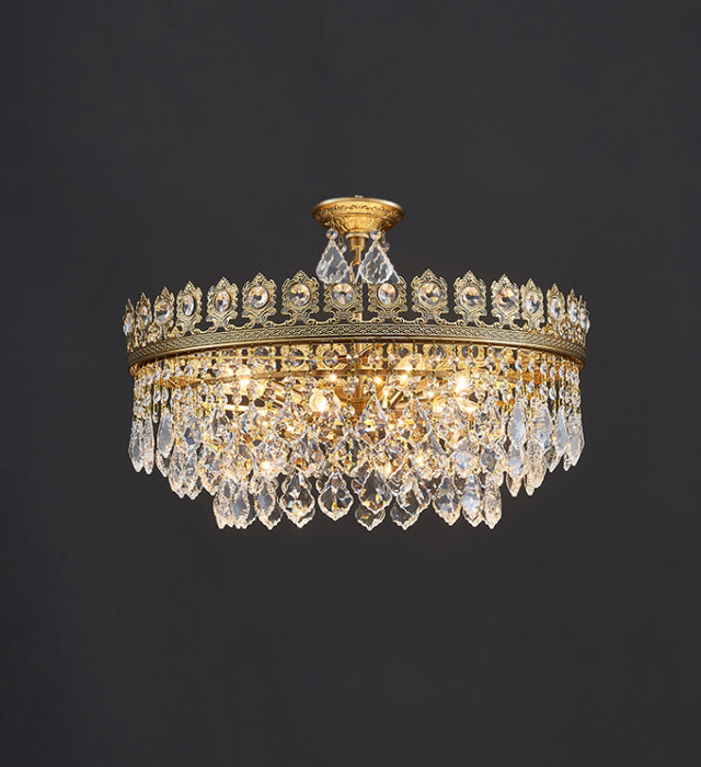 French Light Luxury Tiered Gold Crown Raindrop Crystal Pendant Chandelier for Living/Dining Room