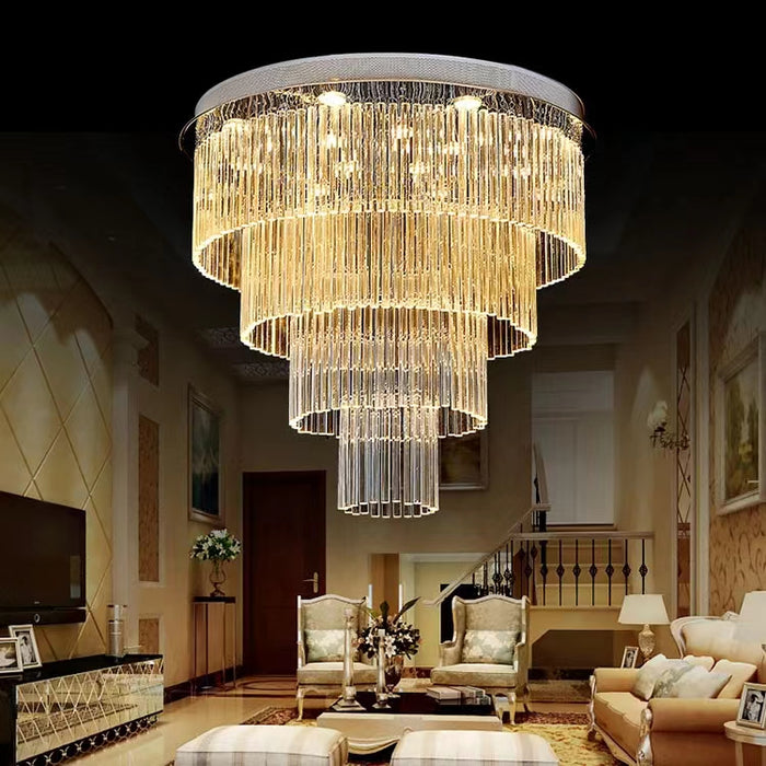 Lámpara de araña de varilla de cristal claro de montaje empotrado redondo de varios niveles extragrande para sala de estar/vestíbulo
