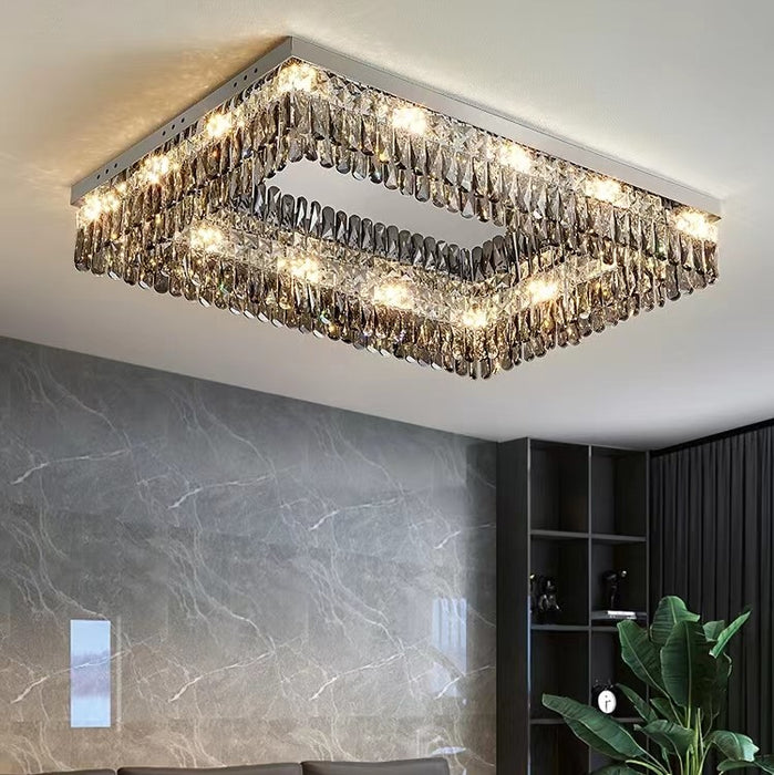 Oversize Modern Mirror Stainless Steel Crystal Pendant Flush Mount Chandelier for Living Room/Bedroom
