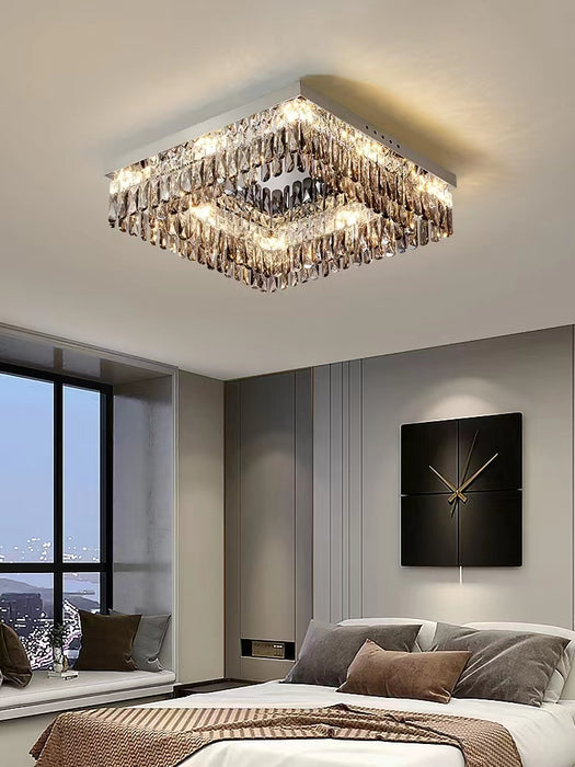 Lámpara de araña de montaje empotrado con colgante de cristal de acero inoxidable y espejo moderno de gran tamaño para sala de estar/dormitorio