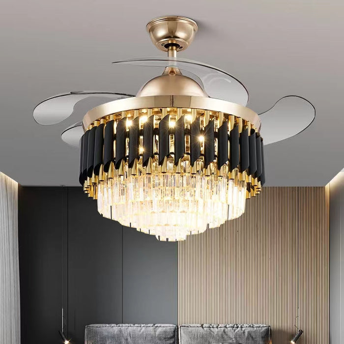 chandelier,chandeliers,fan,black,crystal,tiers,layers,ceiling,fan light,pc,light luxury,gold,metal shell,bedroom,dining room,living room