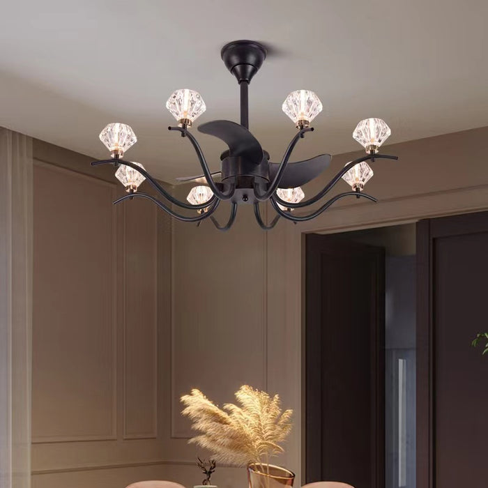 Lámpara de araña con aspas de ventilador de cristal de diamante facetado de rama de luz de ventilador negro para sala de estar/comedor/dormitorio