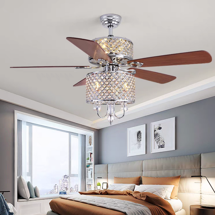 Lámpara de araña de cristal con ventilador americano minimalista, luz de hoja para salón/comedor/dormitorio