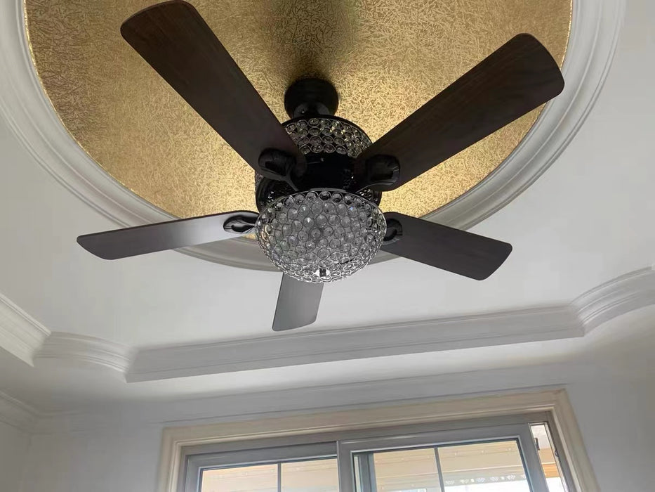 Designer Recommended Boho Tiered Crystal Pendant Wood Fan Blade for Living Room/Bedroom