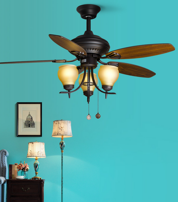 Lámpara colgante de capullo de flor con ventilador de nogal rústico americano de 5 aspas para sala de estar/dormitorio
