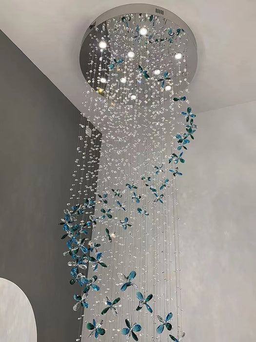 Lámpara de araña larga con colgante de cristal de pétalos, creativa, Extra grande, para vestíbulo/escalera/entrada, comedor, luz de techo en espiral