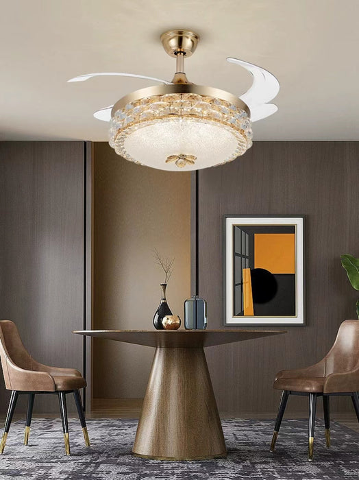 Light Luxury 4-Blade Invisible Fan Light Crystal Drum Pendant Chandelier for Living/Dining Room