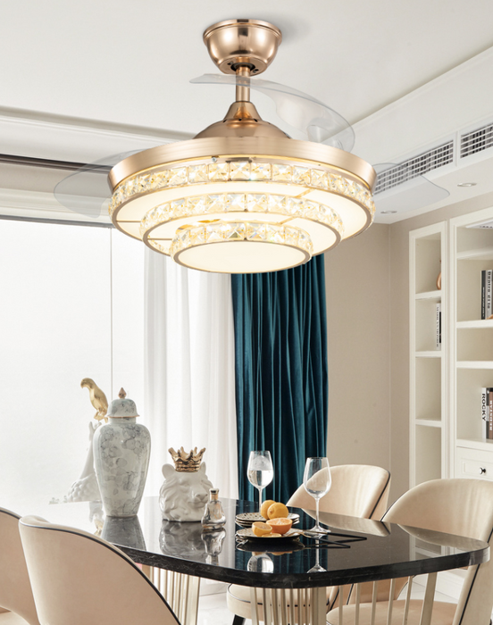 Lámpara colgante de cristal escalonada con luz de ventilador de 3 aspas invisible moderna para sala de estar/comedor