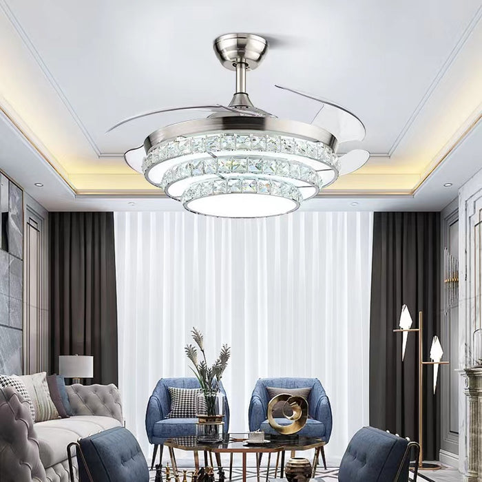 Moderno lampadario a sospensione in cristallo invisibile a 3 pale con ventola a più livelli per soggiorno/sala da pranzo