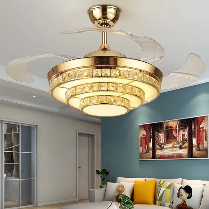 Lámpara colgante de cristal escalonada con luz de ventilador de 3 aspas invisible moderna para sala de estar/comedor
