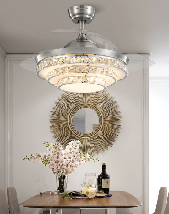 Modern Invisible 3-Blade Fan Light Tiered Crystal Pendant Chandelier for Living/Dining Room