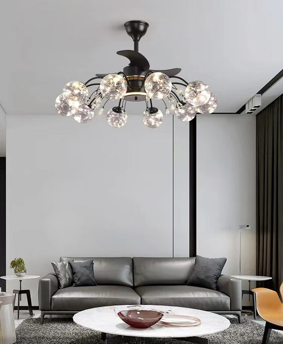 Moderna lámpara de araña clásica con ventilador negro de 3 aspas y múltiples cabezales para sala de estar/comedor