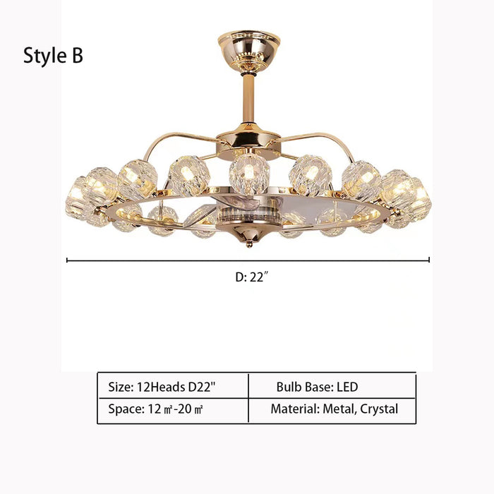 Style B: 12Heads D22.0" chandelier,chandeliers,fan,fann light,invisible,bubble,gold,iron,glass,3 blades,blads,ceiling,living room,dining room,bedroom,bar