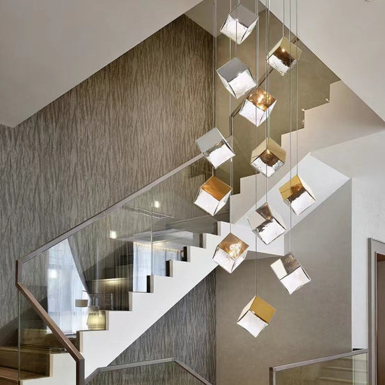Designer Model Art Minimalist Square Stone Collection Pendant Chandelier for Staircase/Living Room
