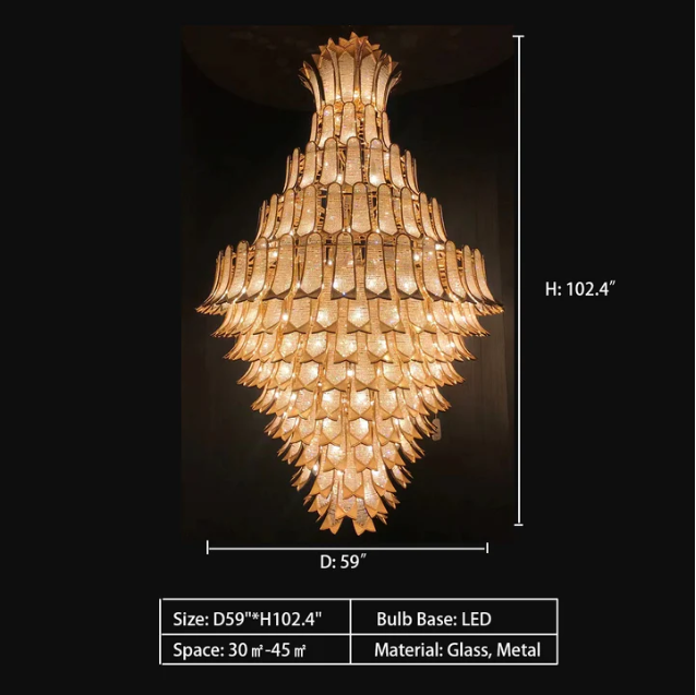 D59.0"*H102.4" chandelier,chandeliers,extra large,large,oversize,big,long,high,leave,layers,tiers,glass,metal,staircase,spiral staircase,living room,high-ceiling room,duplex,foyer,gold,luxury