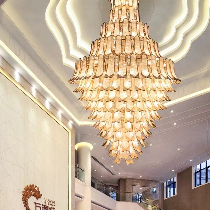 Lampadario in vetro a sospensione in oro a più livelli di lusso extra large per scale/grande stanza dal soffitto alto