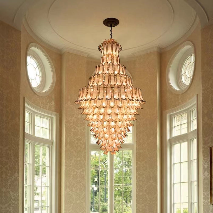 chandelier,chandeliers,extra large,large,oversize,big,long,high,leave,layers,tiers,glass,metal,staircase,spiral staircase,living room,high-ceiling room,duplex,foyer,gold,luxury