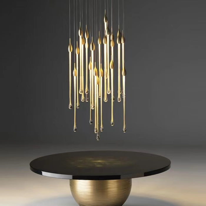 chandelier,chandeliers,pendant,glass,light luxury,luxury,gold,long,high,staircase,spiral staircase,stair,raindrop rod,rods,kitchen island,dining table,dining bar,long table,big table,bar