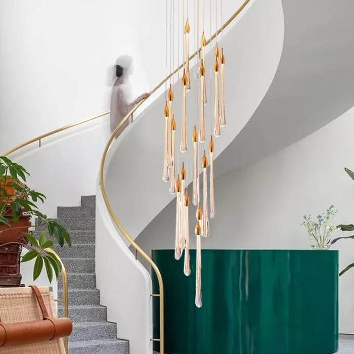 Modern Long Gold Glass Raindrop Rod Pendant Light for Staircase/High-ceiling room