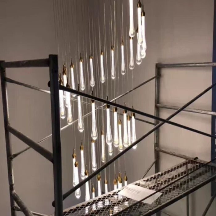 Modern Long Gold Glass Raindrop Rod Pendant Light for Staircase/High-ceiling room