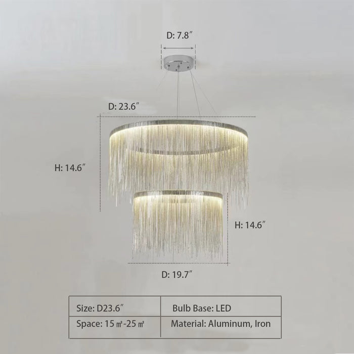 2 Layers: D23.6" String Light Chandelier - Round,chandelier,chandeliers,tassel,pendant,aluminum,round,classic,two layers,2 layers,big,huge,large,oversized,chain,living room,dining room,duplex,loft