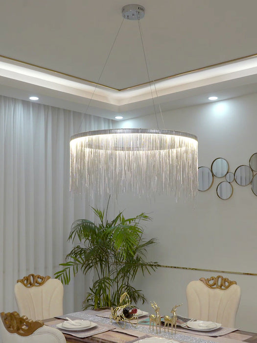 Lámpara de araña redonda extra grande con cadena de borlas de aluminio para sala de estar/comedor/villa/pasillo dúplex