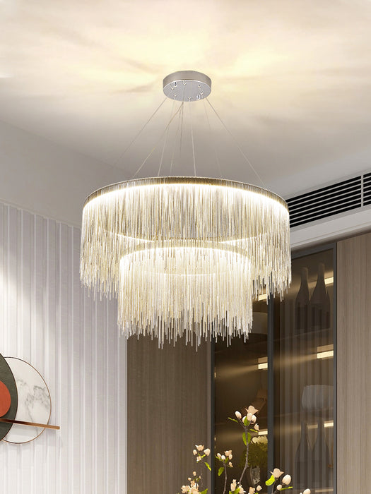 Lámpara de araña redonda extra grande con cadena de borlas de aluminio para sala de estar/comedor/villa/pasillo dúplex