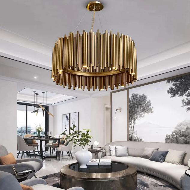 Brubeck Round Chandelier,chandelier,chandeliers,pendant,gold,stainless steel,luxury,tubes,drum,round,living room,dining table,dining room,round table