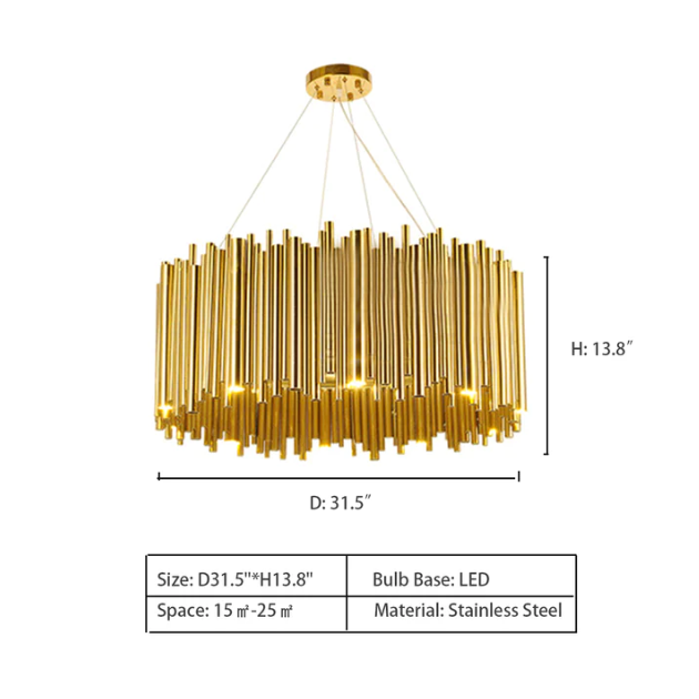 D31.5"*H13.8" Brubeck Round Chandelier,chandelier,chandeliers,pendant,gold,stainless steel,luxury,tubes,drum,round,living room,dining table,dining room,round table