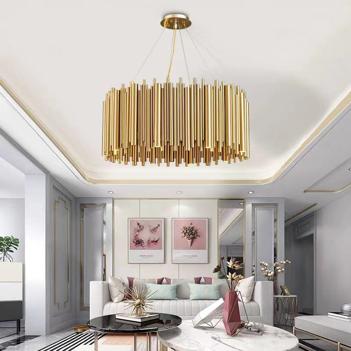 Lámpara colgante de tubo dorado, clásica y moderna, redonda, para sala de estar/comedor