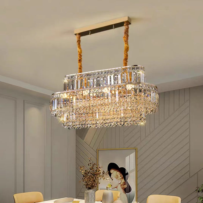 Lampadario a sospensione moderno e di lusso a più livelli con asta di cristallo di diamante per soggiorno/sala da pranzo