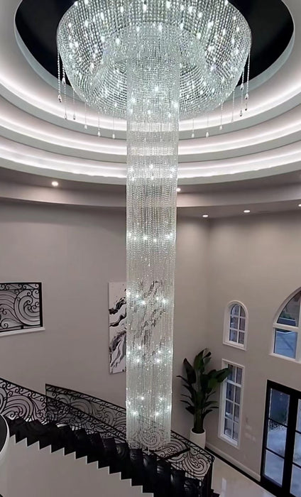 Candelabro de cristal de techo de lujo con cascada plateada de montaje empotrado Extra grande para sala de estar de techo alto/pasillo dúplex
