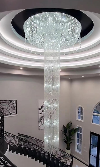 Extra Large Flush Mount Silver Waterfall Luxury Ceiling Crystal Chandelier for High-ceiling Living Room/Duplex Hall