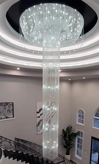 Lampadario di cristallo a soffitto di lusso a cascata argento extra large con montaggio a incasso per soggiorno/sala duplex dal soffitto alto
