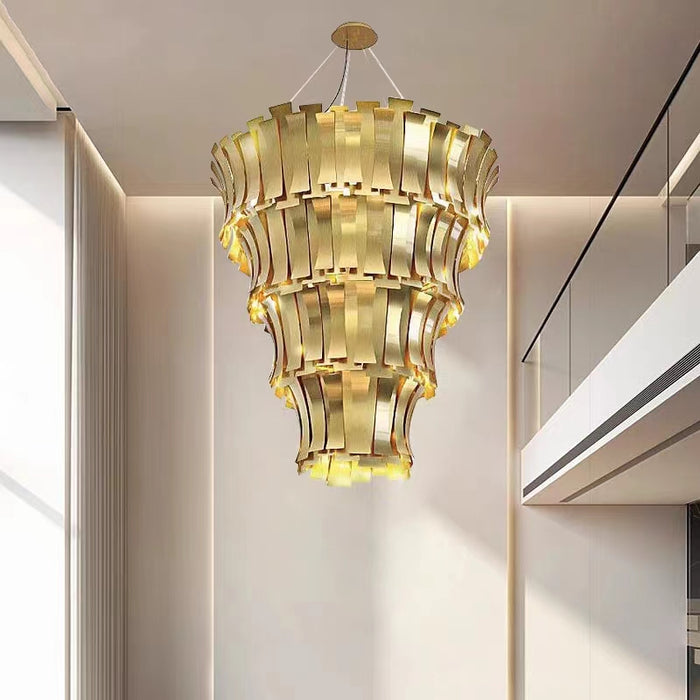 Lámpara de araña dorada de lujo escalonada, artística de gran tamaño, para sala de estar/sala de techo alto