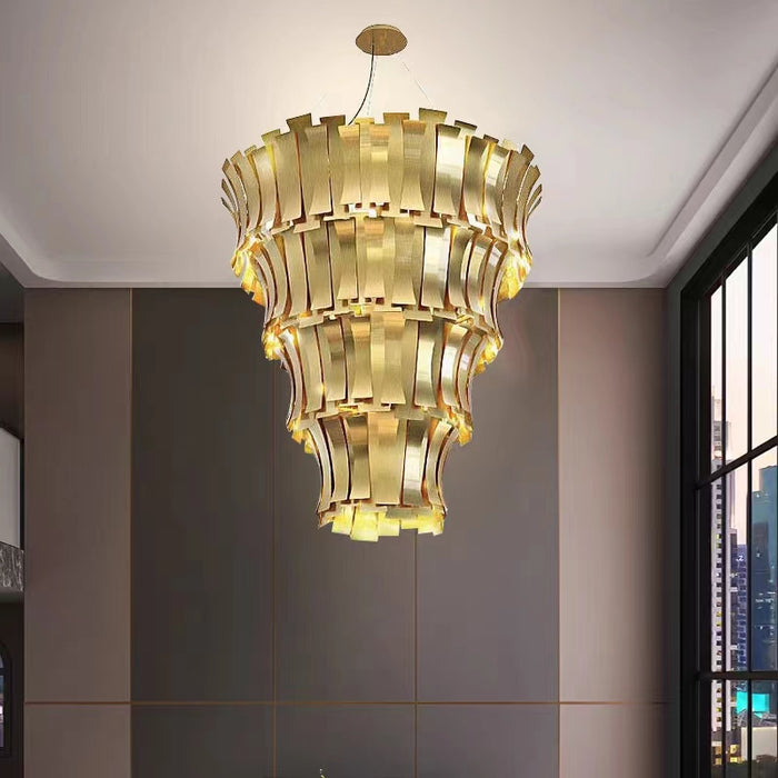 Lámpara de araña dorada de lujo escalonada, artística de gran tamaño, para sala de estar/sala de techo alto