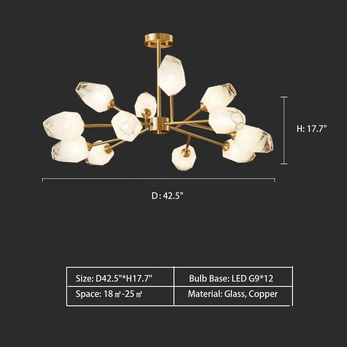 12Heads: D42.5"*H17.7" chandelierchandeliers,ice,stone,glass,copper,multi-head,gold,luxury,creative,art,bedroom,living room,dining room,ceiling,entryance,foyer,Ice Block Brushed Brass Mid Century Ceiling Light Fixtures Modern Pendant Light