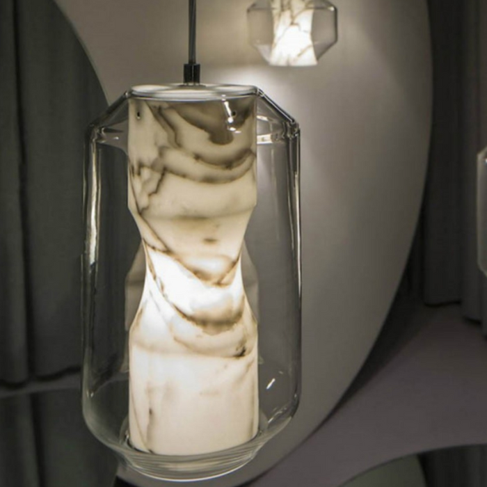 Scandinavian Art Glass Shade Natural Marble Pendant Light for Bedside/Kitchen Island/Staircase