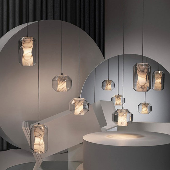 Lampada a sospensione in marmo naturale con paralume in vetro artistico scandinavo per comodino/isola cucina/scala