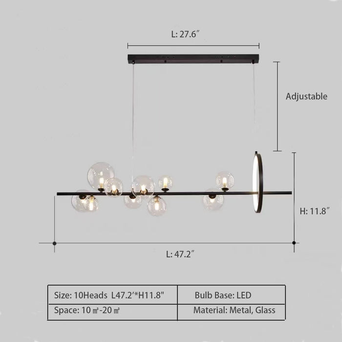 Linear: 10Heads L47.2'*H11.8" chandelier,chandeliers,round,round,linear,glass,black,bubble,nordic,minimalist,living room,dining room,dining table,long table,big table,kitchen island,kitchen bar,oversized,huge,big,long,large,extra large