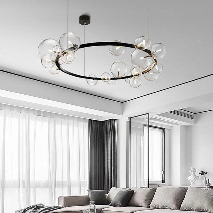 Lámpara de araña de gran tamaño de colección de burbujas de cristal de hierro negro nórdico para sala de estar/comedor