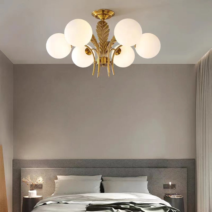 Modern Sputnik White Glass Sphere Golden Feather Chandelier for Living Room/Bedroom/Entryance