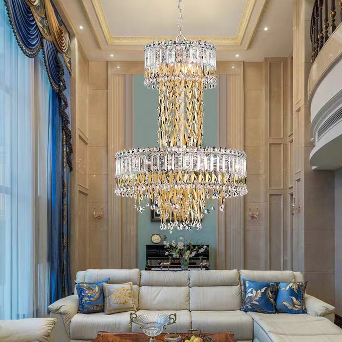 Lampada a sospensione moderna di lusso a 2 strati con asta di cristallo e foglie d'oro per soggiorno/camera da letto