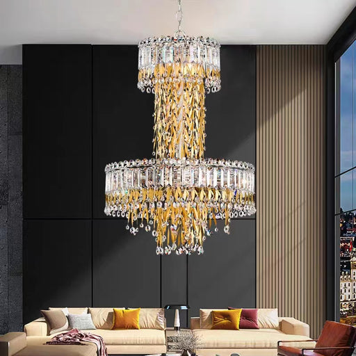 Triandra Chandelier,chandelier,chandeliers,leaf,leaves,gold,crystal rod,rods,crystal,luxury,empire,two layers,large,oversized,big