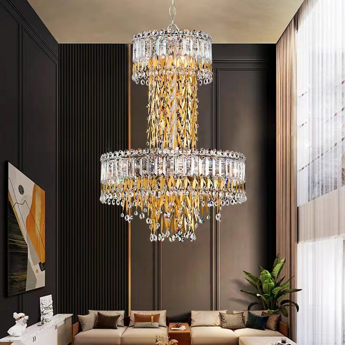 Lampada a sospensione moderna di lusso a 2 strati con asta di cristallo e foglie d'oro per soggiorno/camera da letto