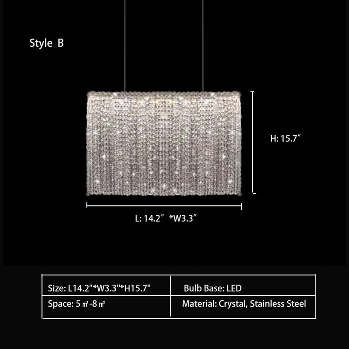 Style B: L14.2"*W3.3"*H15.7"  pendant,crystal tassel,crystal,silk,long table,dining table,kitchen bar,kitchen island,dining bar,rectangle,square,modern,luxury,stainless steel,collection,dining room
