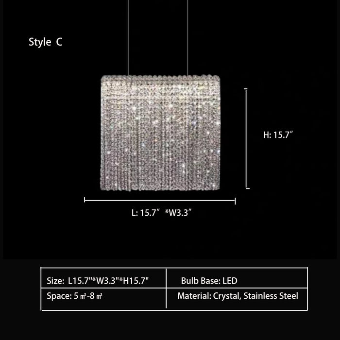 Style C: L15.7"*W3.3"*H15.7"  pendant,crystal tassel,crystal,silk,long table,dining table,kitchen bar,kitchen island,dining bar,rectangle,square,modern,luxury,stainless steel,collection,dining room